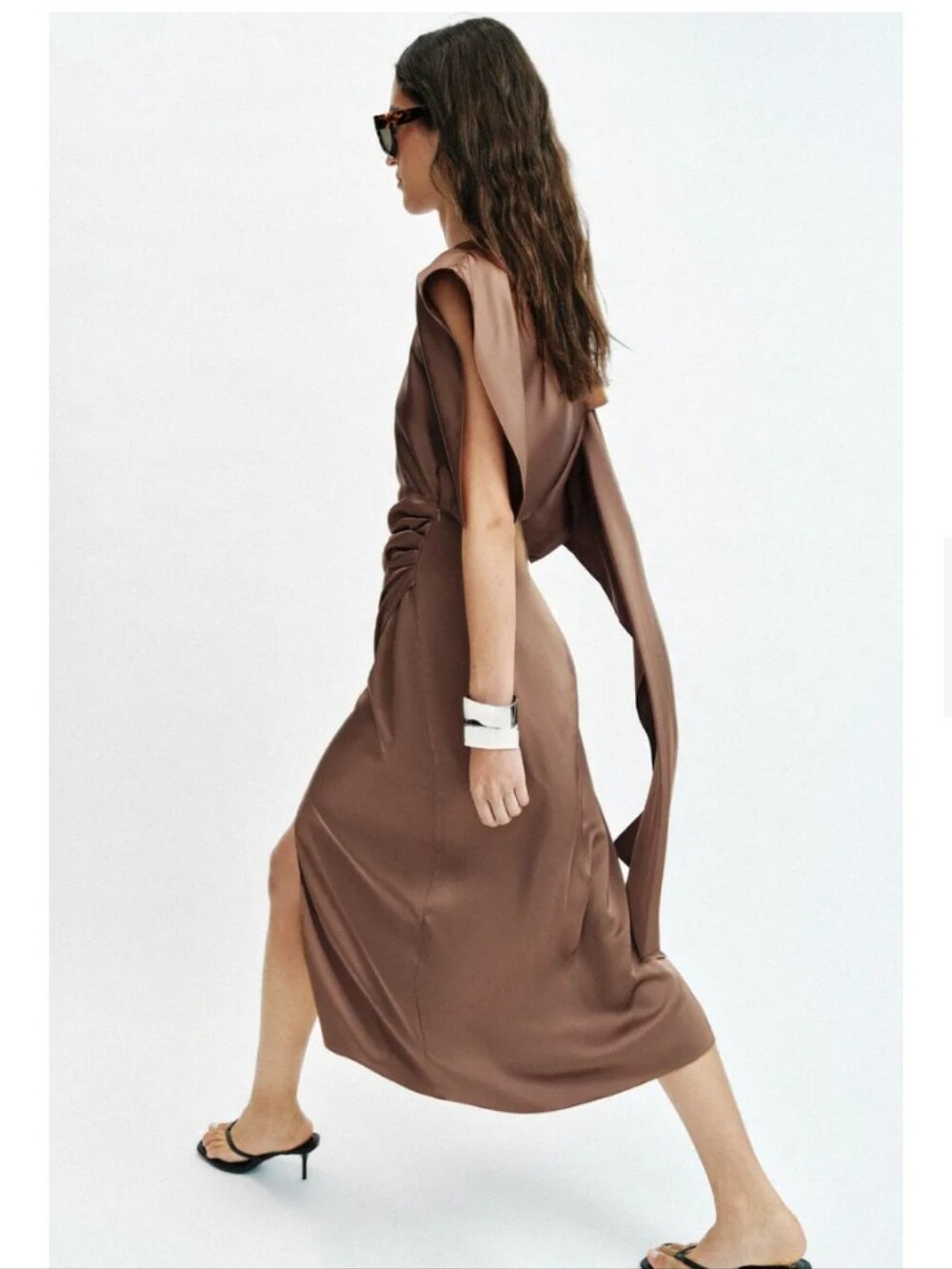 Zara Satin Effect Cape Brown Midi Dress - Picture 6 of 10